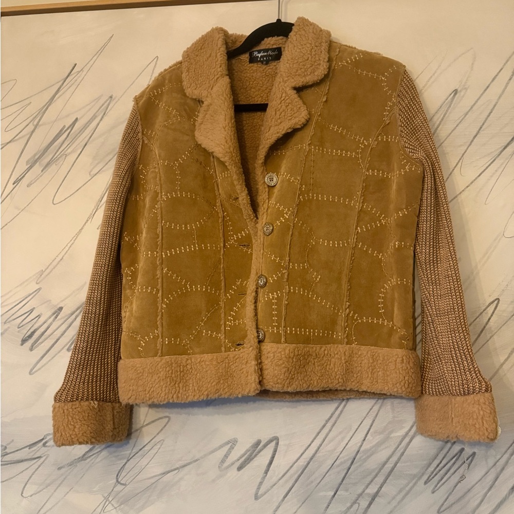 Tan Fall Jacket with Shearling Trim